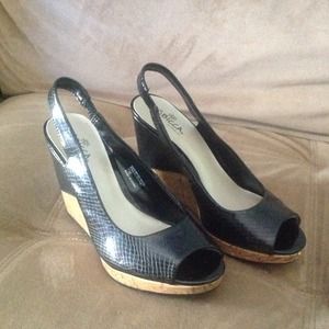 Black and cork peep toe wedges