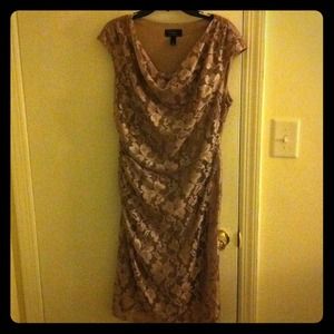 taupe dress with rouching on one side