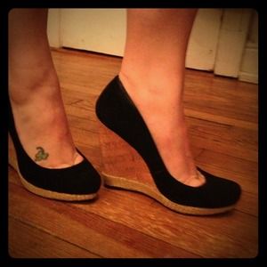 Black suede and cork wedges