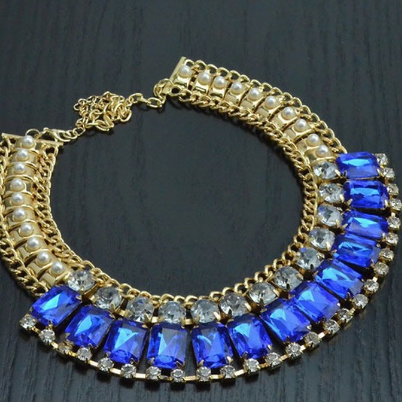 Gold Blue Rhinestones Statement Necklace