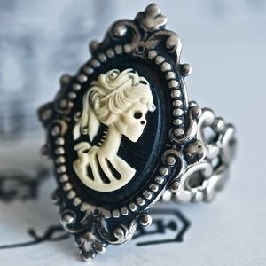 Lady Skeleton Black and Ivory Cameo Metal Ring