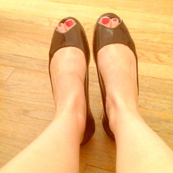 Black patent leather peep toe flats 8.5