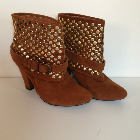 Boots - Brown Suede Booties with Gold Studs