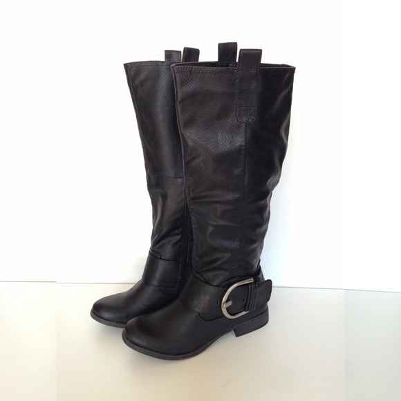 Black Faux Leather Knee High Boots