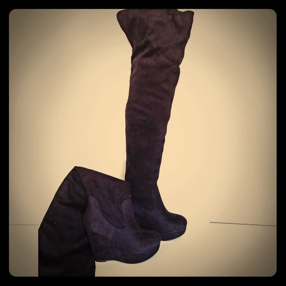 Over The Knee Black Suede Wedge Boots