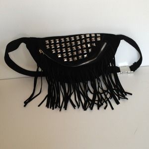 Black Suede Fringe Stud Fanny Pack