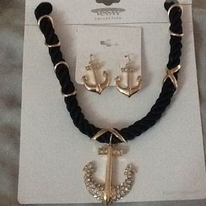 Navy blue and gold anchor necklace and ear rings