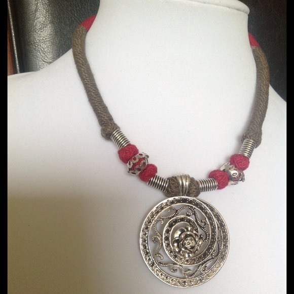 Tribal style necklace, filigree metal pendant