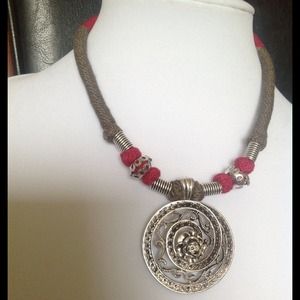 Tribal style necklace, filigree metal pendant
