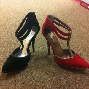 Black and red velvet heels
