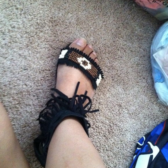 Black fringe ankle strap sandal with beads size6.5