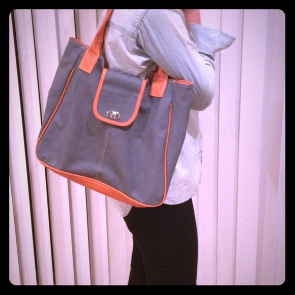 Colorblocked Blue & Orange Faux Leather Purse tote