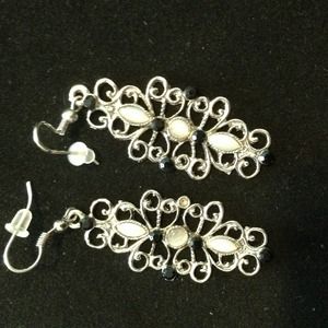 Filigree Black beads and silver tone earrings