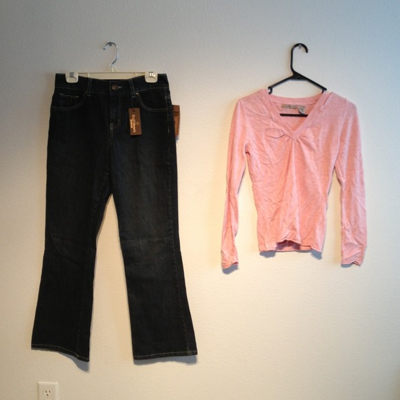 Dark Jean and light pink sweater.