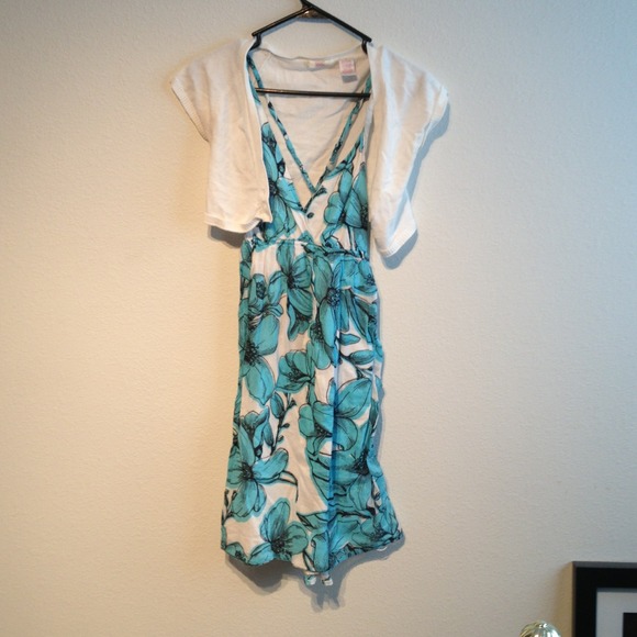 White ad blue floral dress with white shrug.