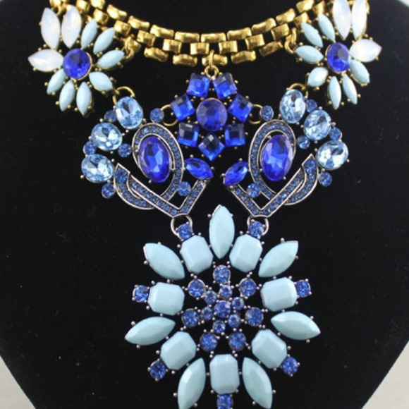 Blue Resin & Rhinestones Statement Necklace