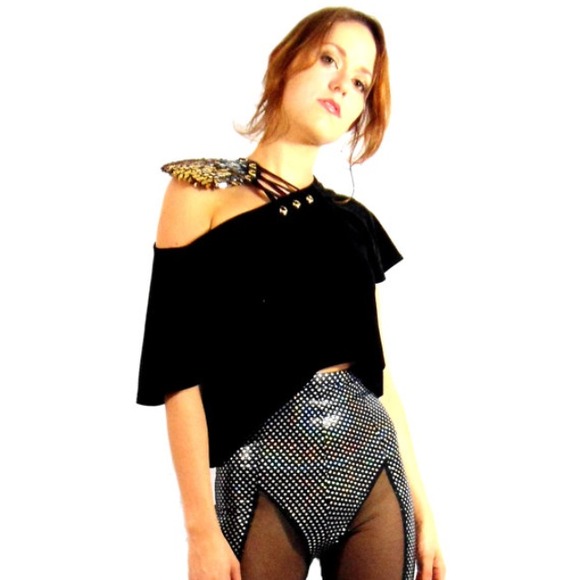 Velvet Off-Shoulder Blouse w/ Sequin Shoulder Pad