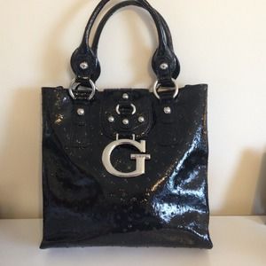 Guess black ostrich patent-like small tote