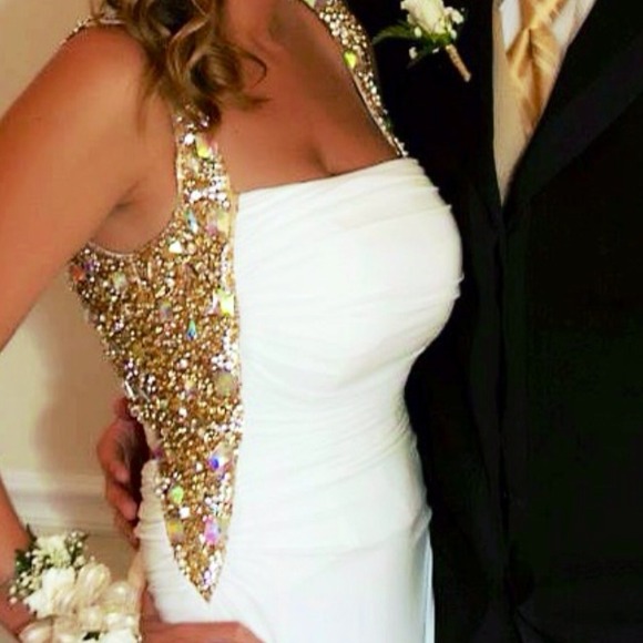 White & Gold Camille La Vie Matte Prom Dress