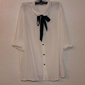 White Bow Tie Long Sleeve Blouse Chiffon