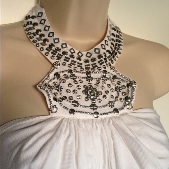 Bebe White Halter Bubble Dress with Beading