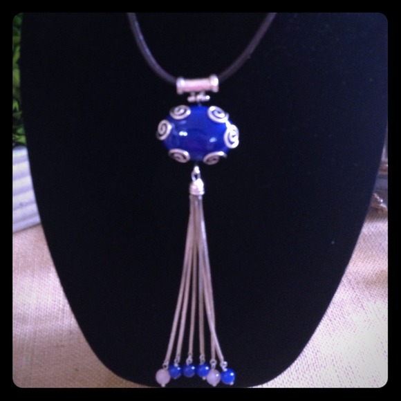 Artisan Sterling Silver Blue Chalcedony Pendant Necklace Turkey 7" Leather Cord