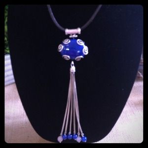 Artisan Sterling Silver Blue Chalcedony Pendant Necklace Turkey 7" Leather Cord