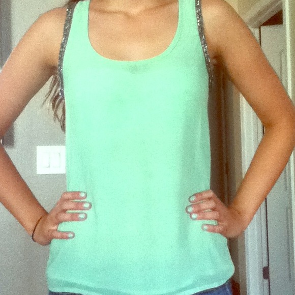 SOLD Mint tank with beaded sleeves