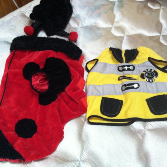 Doggie costumes :lady bug and yellow firefighter