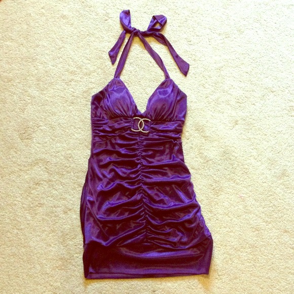 Dark purple silky hatler dress with Chanel center
