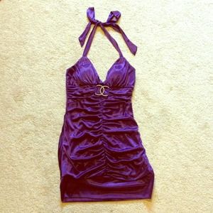 Dark purple silky hatler dress with Chanel center