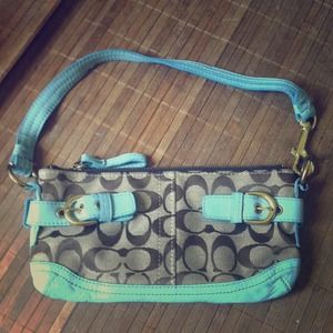 Coach mini purse. Brown and sky blue.