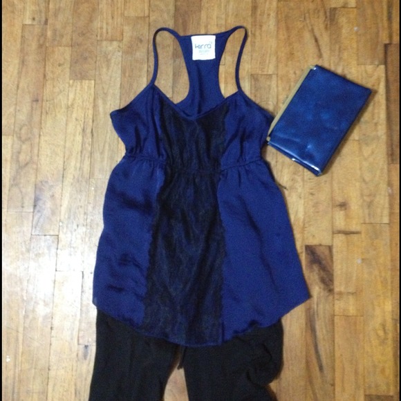 SOLD in bundle Navy blue tank with black lace