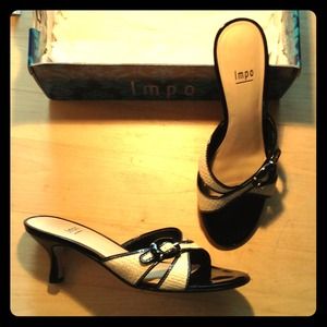 Black patent and raffia slides, size 9.5, unworn