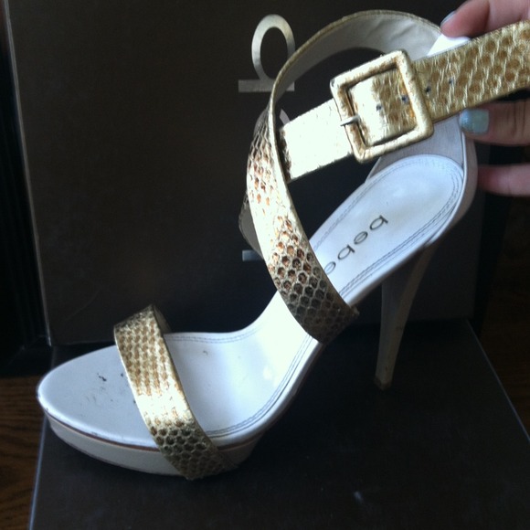 White, tan, and gold peep toe heels - Picture 2 of 3