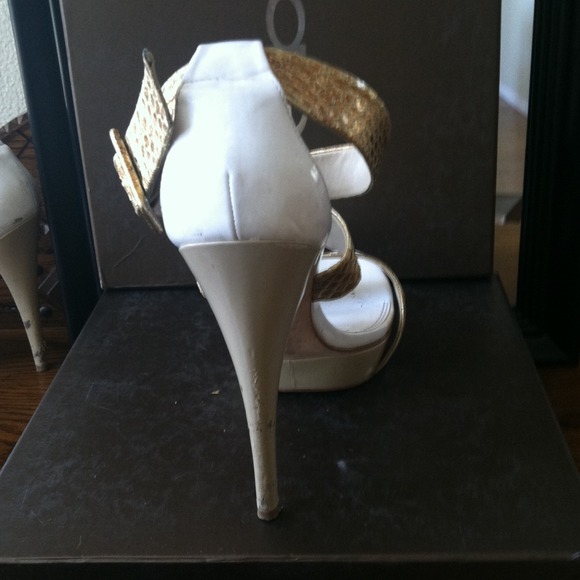 White, tan, and gold peep toe heels - Picture 3 of 3