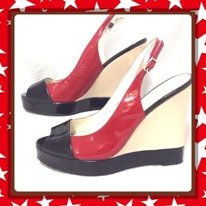 Calvin Klein paten red black cream slingback wedge