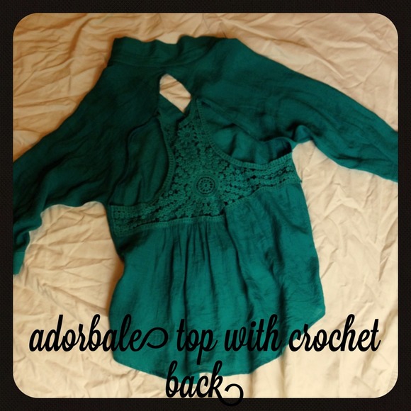 Teal hi low top with crochet racer cut out back