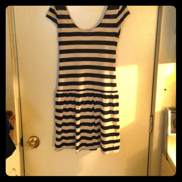 Cream and navy, cotton and lace dress