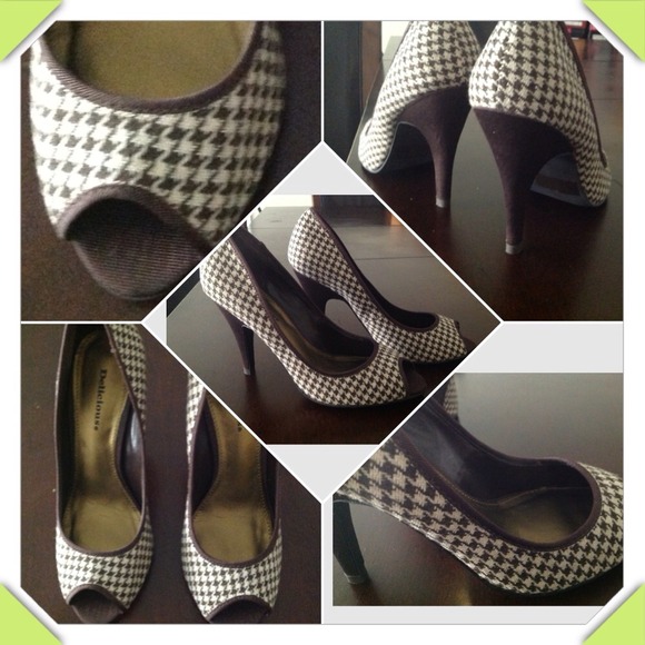 Beige and brown checkered heels
