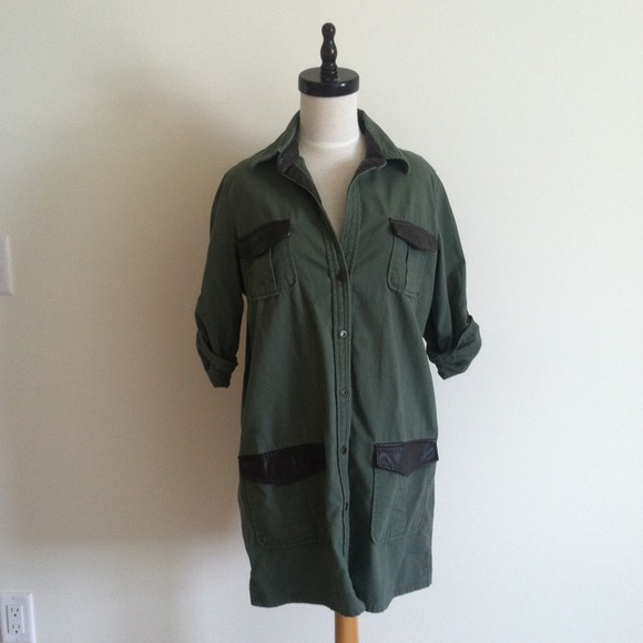 HOLD Army green military dress with leather trim