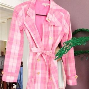 Juicy pink plaid trench coat / pea coat