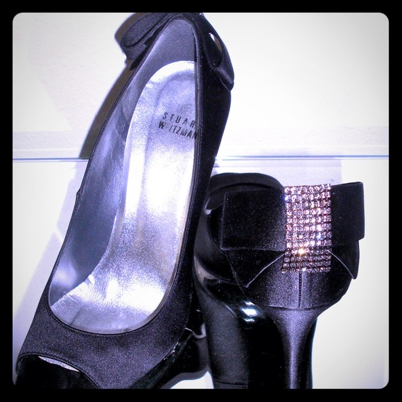 Black satin shoes with crystals detail