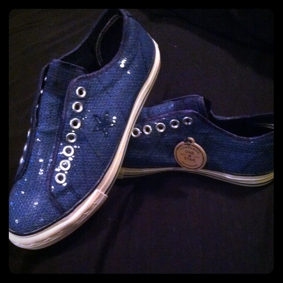 Converse blue sequined slip ons