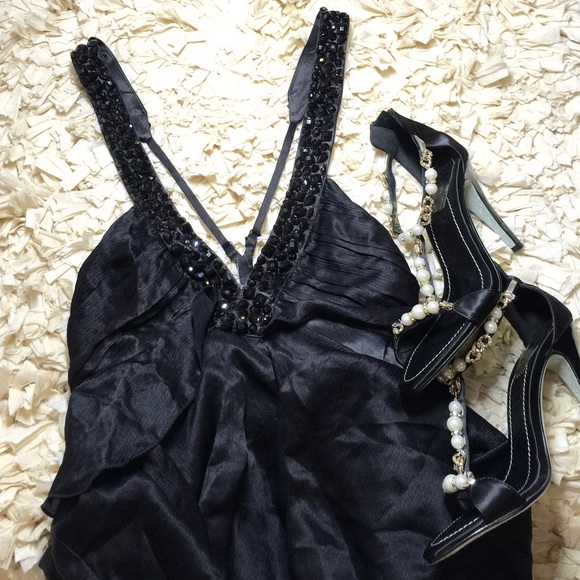 NWT bebe black silk cocktail rhinestone dress XS