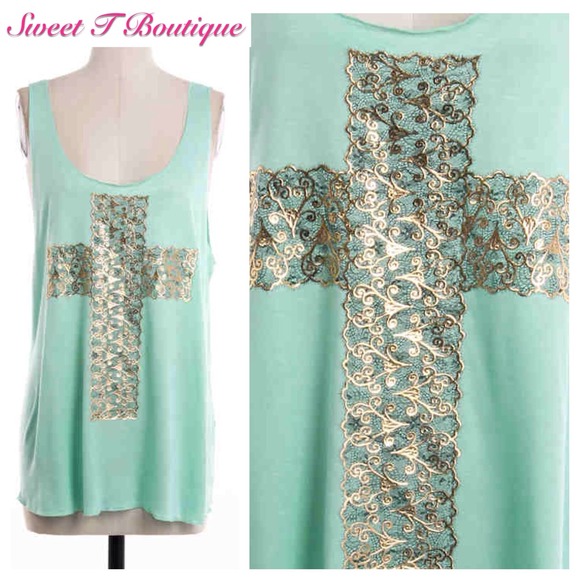 ❌❌SOLD❌❌Mint Gold Lace Cross Tank Top