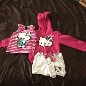 Hello Kitty sweater, top, and shorts