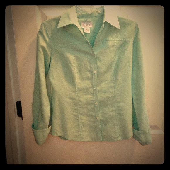 LOFT Mint Linen Button-up Shirt - Picture 1 of 2
