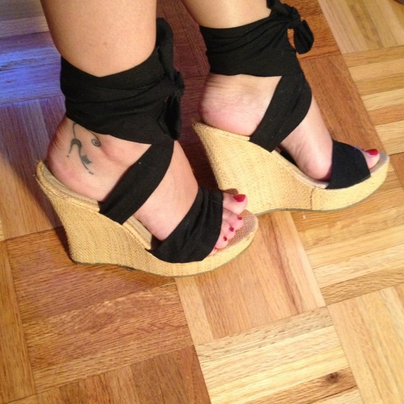 Beige and black platform heels