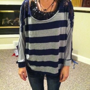 Greg and blue striped shirt with lace sleeve